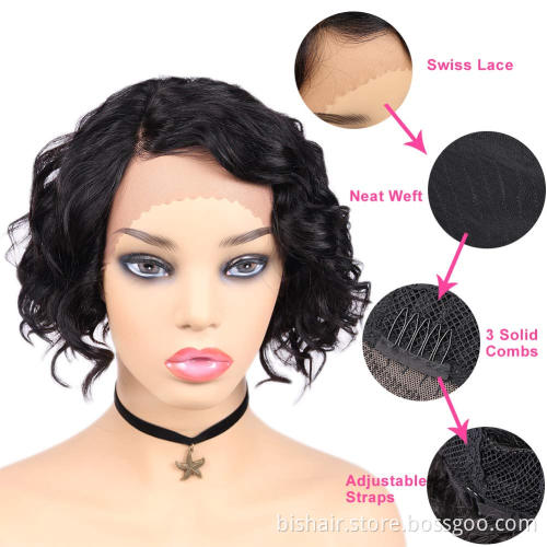 Real Human Hair Curly Hair Bob Wig 4x4 Front Lace Wig Short Wave Band Elastic Lace Front Lace Wig Natural Black Smooth Hair